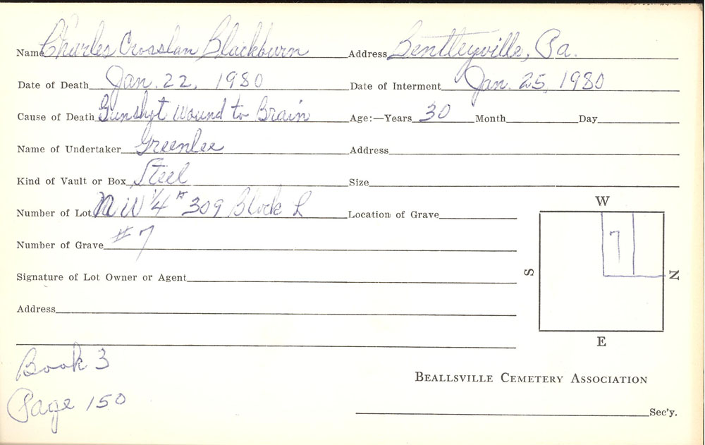 Charles Crosslan Blackburn Jr. burial card